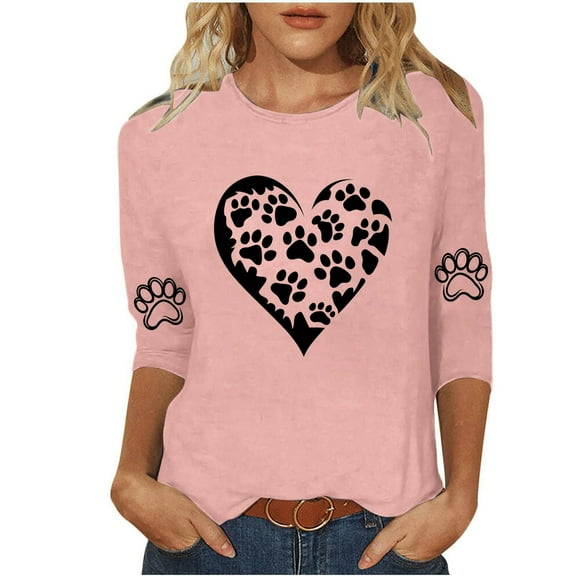Women Cute Tshirts Heart Dog Paw Graphic Basic Tee Fashion 3/4 Sleeve Tops Casual Crewneck T Shirts