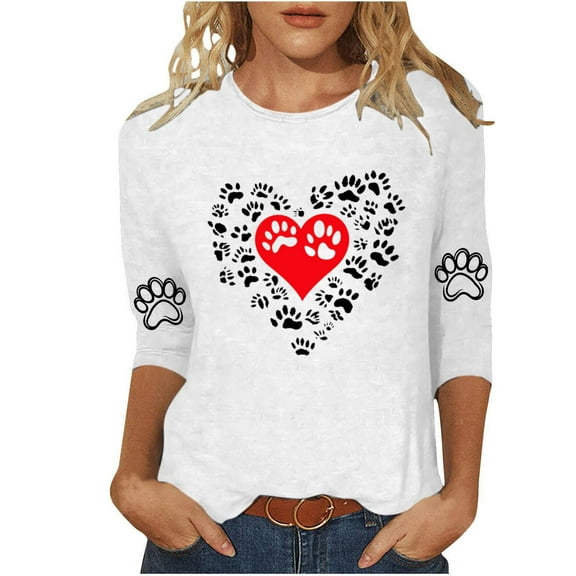 Women Cute Tshirts Heart Dog Paw Graphic Basic Tee Fashion 3/4 Sleeve Tops Casual Crewneck T Shirts