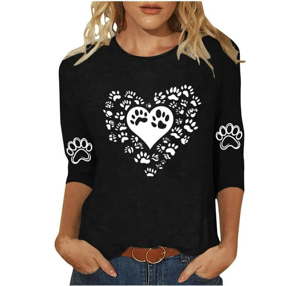 Women Cute Tshirts Heart Dog Paw Graphic Basic Tee Fashion 3/4 Sleeve Tops Casual Crewneck T Shirts