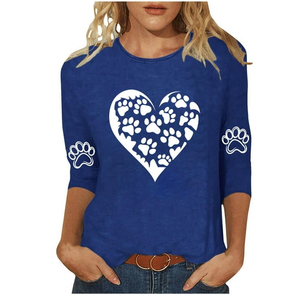 Women Cute Tshirts Heart Dog Paw Graphic Basic Tee Fashion 3/4 Sleeve Tops Casual Crewneck T Shirts