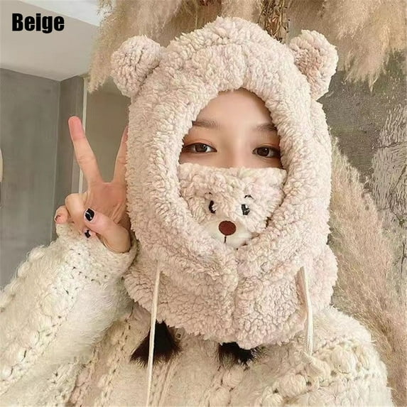 Women Cute Winter Warm Casual Bear Ear Hat Earflap Earmuff Windproof Caps Beanies Caps BEIGE