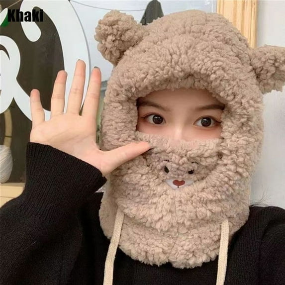 Women Cute Winter Warm Casual Bear Ear Hat Earflap Earmuff Windproof Caps Beanies Caps KHAKI