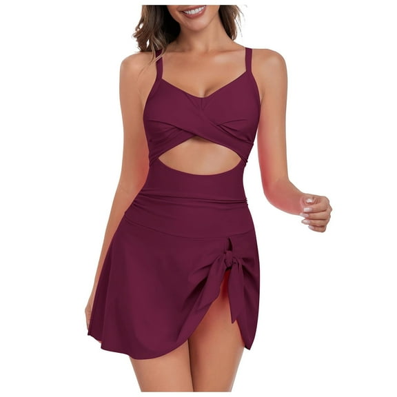 Women Cutout One Piece Skirt Swimsuit V Neck Wrap Tie Back Swimdress Tummy Control Bathing Suits