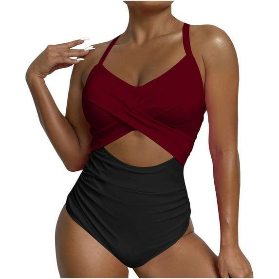 Women Cutout One Piece Swimsuit Tummy Control High Waisted Swimwear Wrap Tie Back Bathing Suit