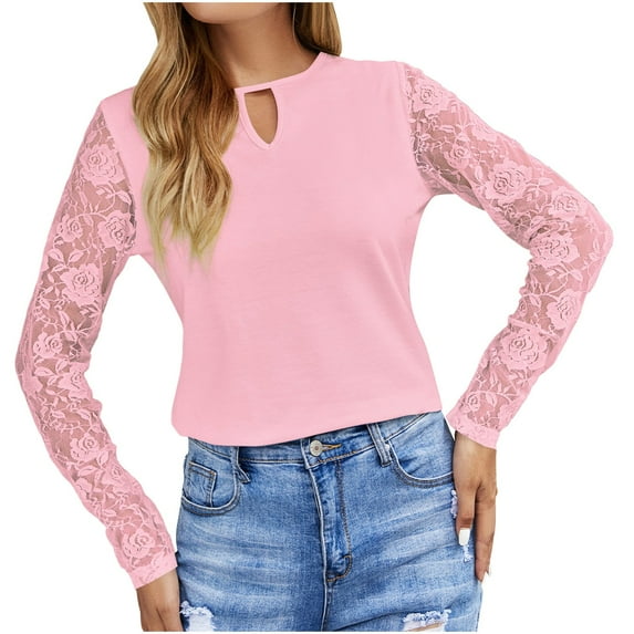 Women Cutout Tops Lace Patchwork Long Sleeve Shirts Casual Crewneck Knit Tshirts Slim Tunic Blouses