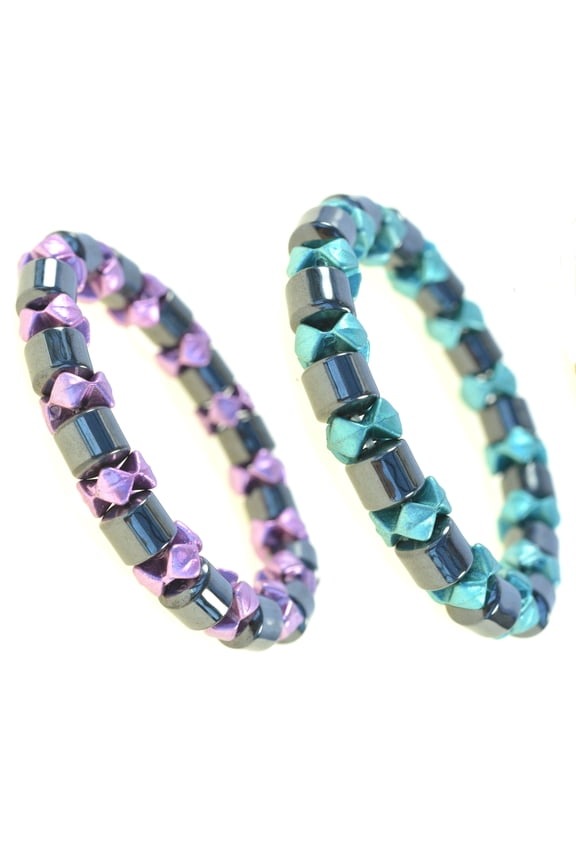 Women Cylindrical Bead Purple and Blue Hematite Stretch Bracelet set of 2 - 91176