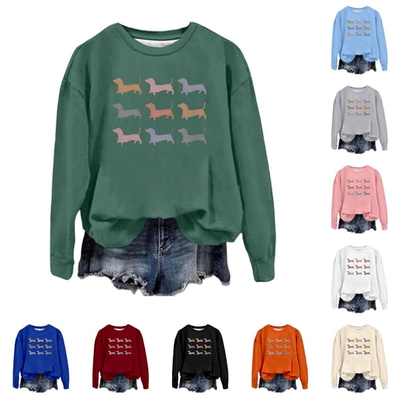 Women Dachshund Dog Print Crew Neck Sweatshirt Long Sleeve Pullover Casual Loose Fit Animal Graphic Top