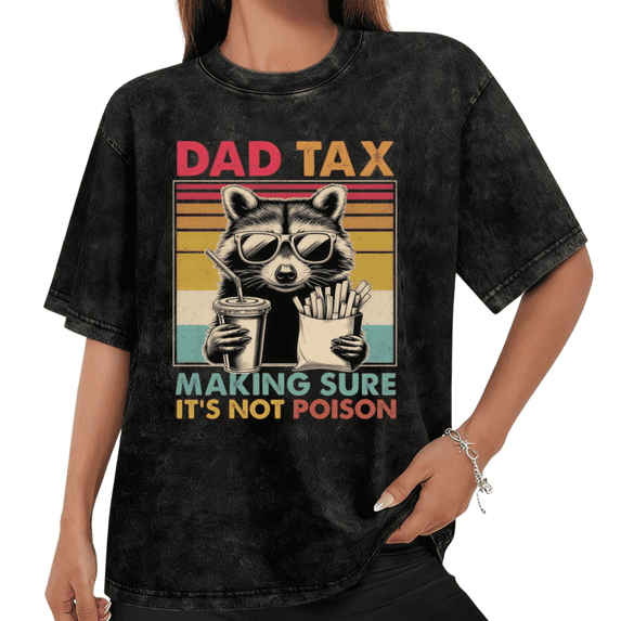 Women Dad Tax Retro Raccoon Multicolor Graphic Tees T Shirt Tops Round Neck Cotton Washed T Shirt Black S-2XL Plus Size