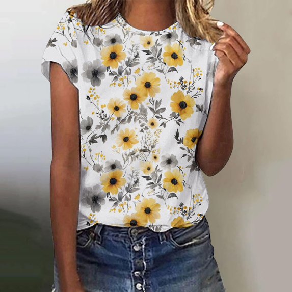 Women Daily Casual Flowers Printed Short Sleeve O Neck T Shirt Tops