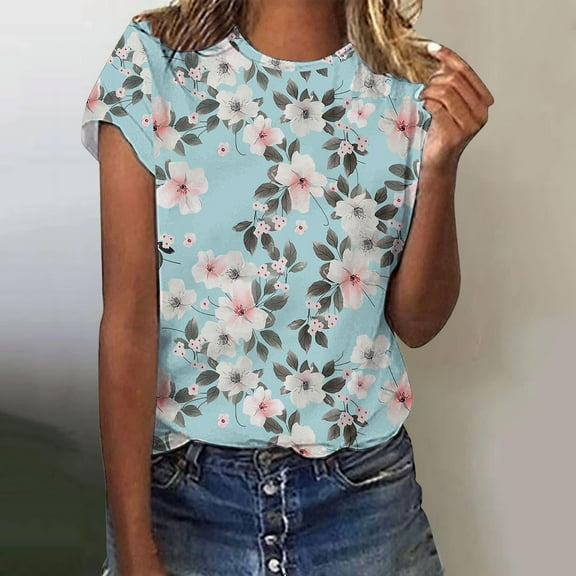 Women Daily Casual Flowers Printed Short Sleeve O Neck T Shirt Tops