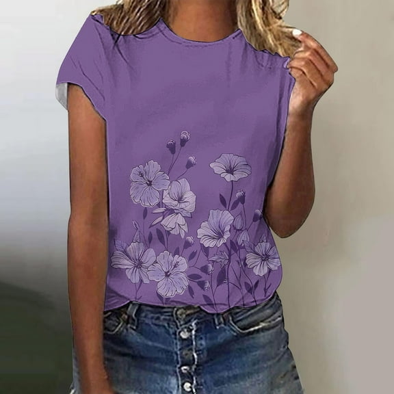 Women Daily Casual Flowers Printed Short Sleeve O Neck T Shirt Tops