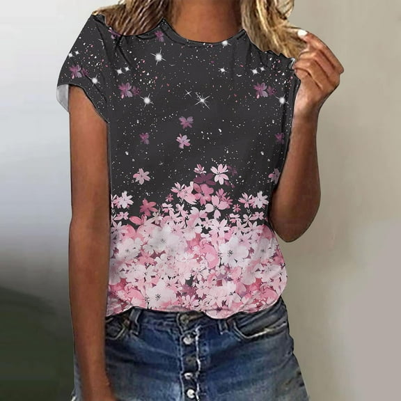 Women Daily Casual Flowers Printed Short Sleeve O Neck T Shirt Tops