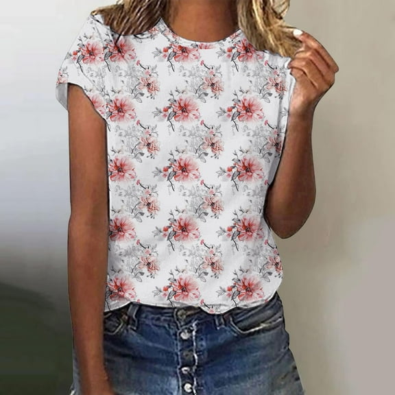 Women Daily Casual Flowers Printed Short Sleeve O Neck T Shirt Tops