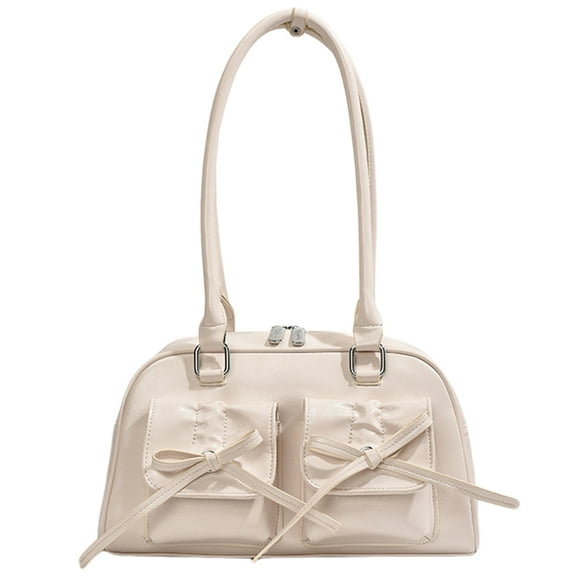 Women Daily Commuting Bag Double Pockets PU Leather Chic Hobo Bag (White)