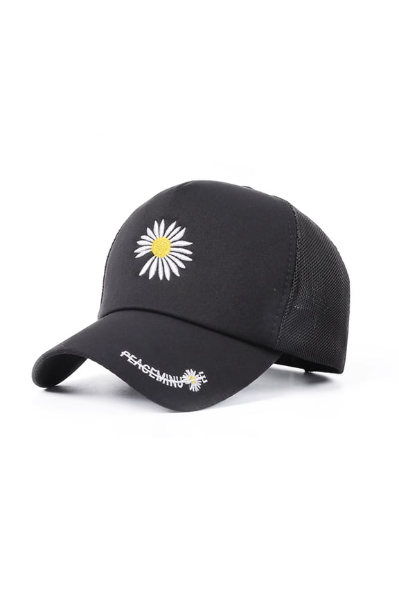 Women Daisy Embroidered Mesh Baseball Hat, Breathable Lightweight Summer Adjustable Snapback Sun Hat, Soft Cotton Front Mesh Back Sweat Wicking Outdoor Sports Running Fishing Sun Protection Cap Black