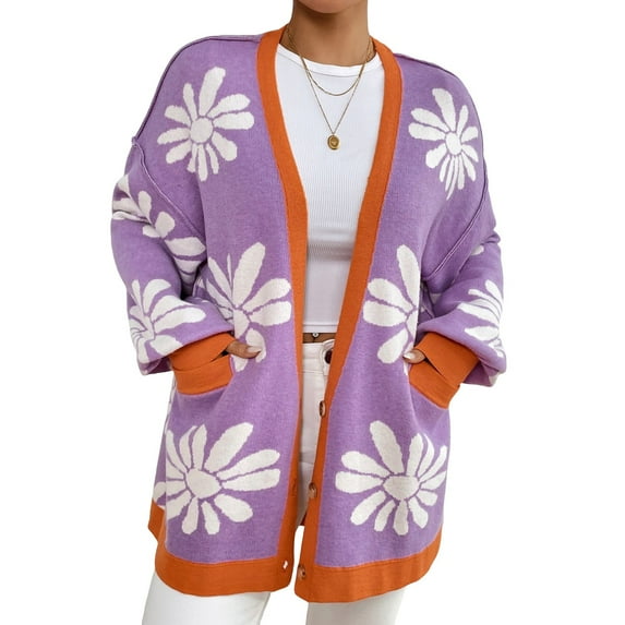 Women Daisy Floral Cardigan Casual Button Down Open Front Knitted Sweater Oversized Long Sleeve Coat With Pockets