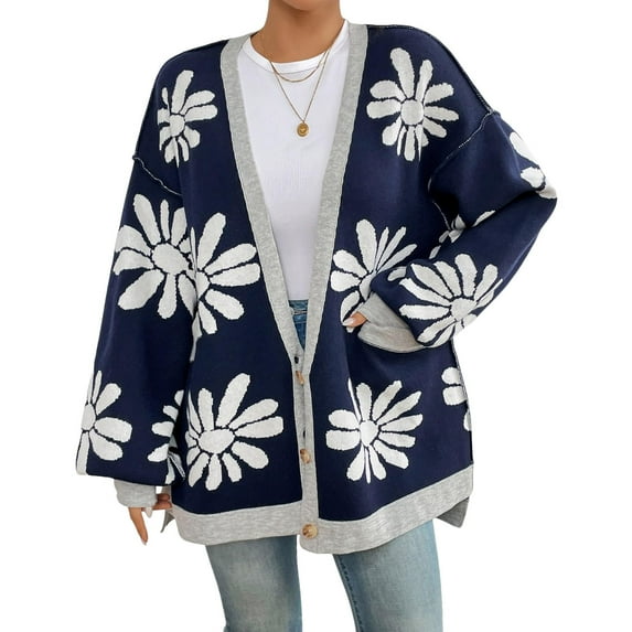 Women Daisy Floral Cardigan Casual Button Down Open Front Knitted Sweater Oversized Long Sleeve Coat With Pockets