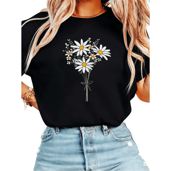 Women Daisy Floral Graphic Tees T-Shirt Tops Round Neck Printed Cotton T-Shirt Black S-5XL