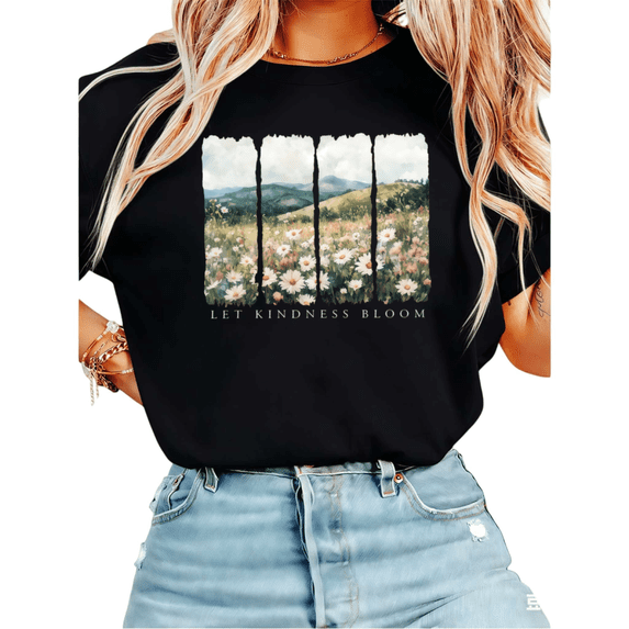 Women Daisy Meadow Landscape Graphic Tees T Shirt Tops Round neck Printed Cotton T Shirt Black S-5XL