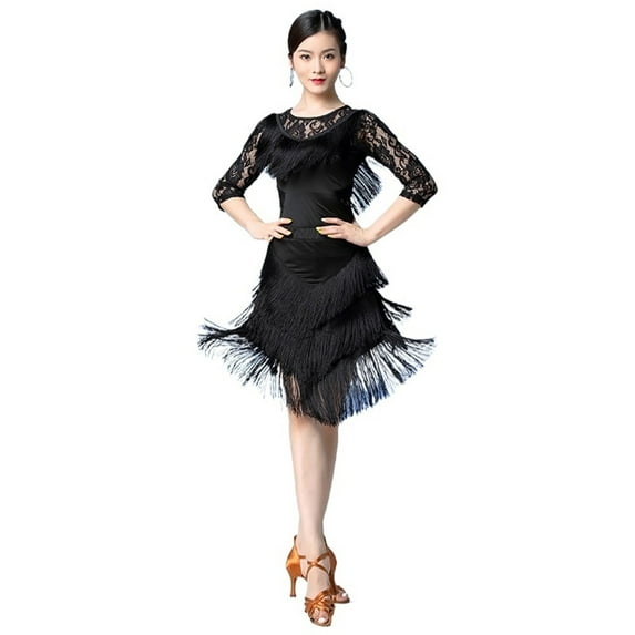 Women Dance Clothes Salsa Samba Wear Long Sleeves 2 Pieces Fringes Latin Dresses Top And Short Skirt