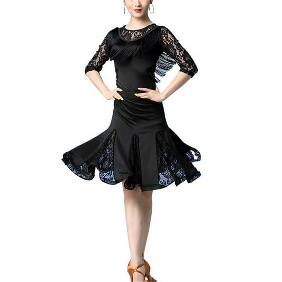 Women Dance Clothes Salsa Samba Wear Long Sleeves 2 Pieces Fringes Latin Dresses Top And Short Skirt