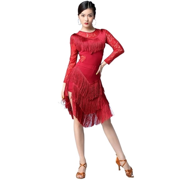 Women Dance Clothes Salsa Samba Wear Long Sleeves 2 Pieces Fringes Latin Dresses Top And Short Skirt