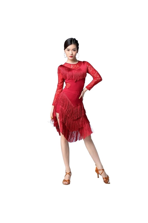 Women Dance Clothes Salsa Samba Wear Long Sleeves 2 Pieces Fringes Latin Dresses Top And Short Skirt