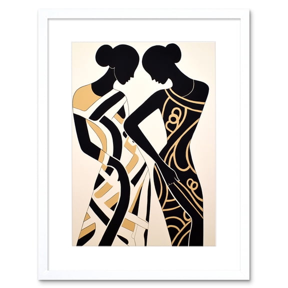 Women Dancing Abstract Pattern Dress Beige Black Silhouettes Body Line Artwork Framed Wall Art Print 9X7 Inch