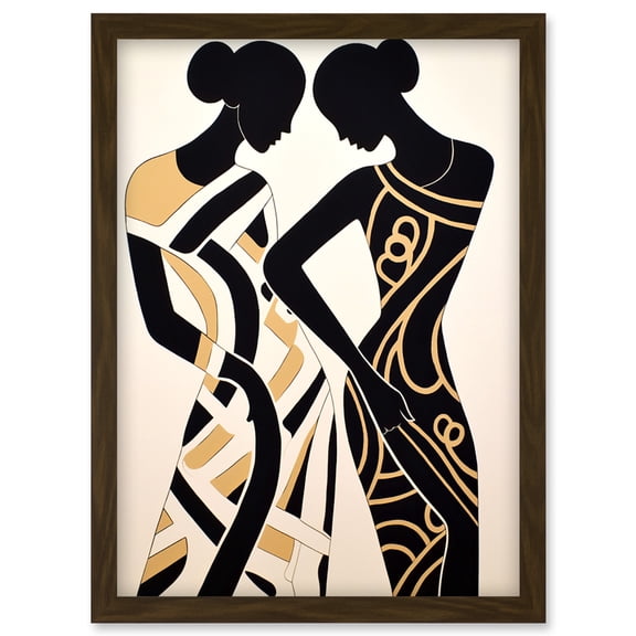 Women Dancing Abstract Pattern Dress Beige Black Silhouettes Body Line Artwork Framed Wall Art Print A4