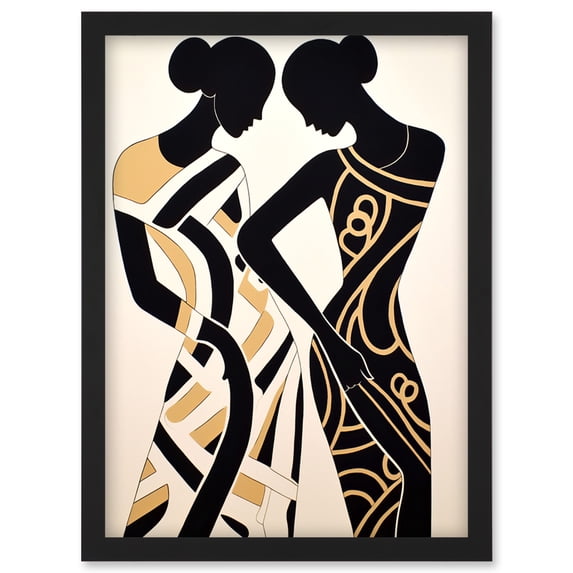 Women Dancing Abstract Pattern Dress Beige Black Silhouettes Body Line Artwork Framed Wall Art Print A4