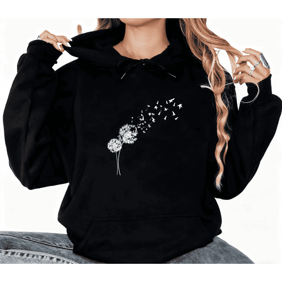 Dandelion Bird Graphic Breathable Regular Fit Tee T-Shirt Print Top Hooded long-sleeved Black S-2XL
