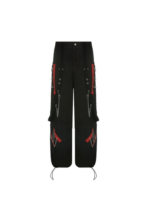 Women Dark Gothic Baggy Cargo Pants Harajuku Punk Colorblock Eyelets Bandage Metal Chain Patchwork Hip Hop Wide Leg Oversized Trousers Streetwear
