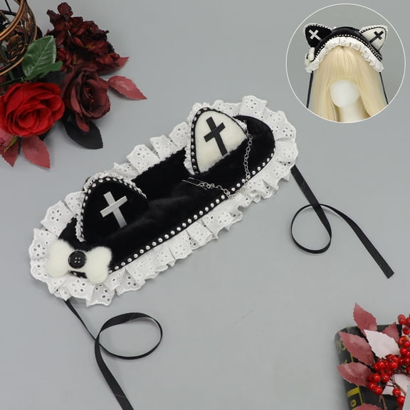 Women Dark Gothic Cat Ear Headband with Cross Cat Girl Hair Accessory Punk Cat Ear Headpiece Y2K Headband