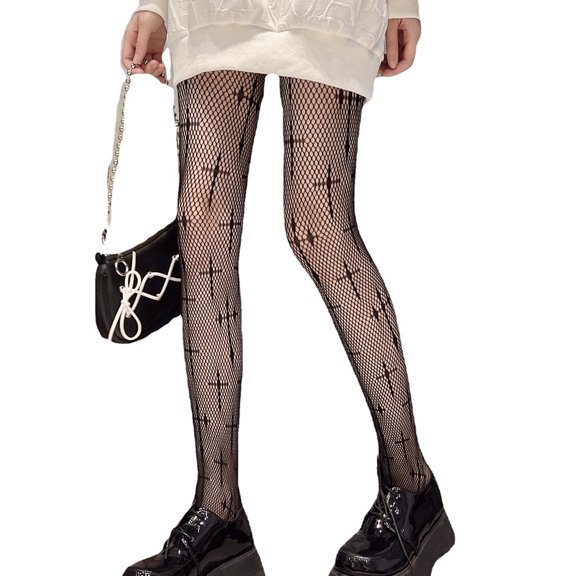Women Dark Gothic Cross Fishnet Pantyhose Punk Harajuku Jacquard Tattoo Tights Sexy Sheer Mesh Lolita Hosiery Stockings