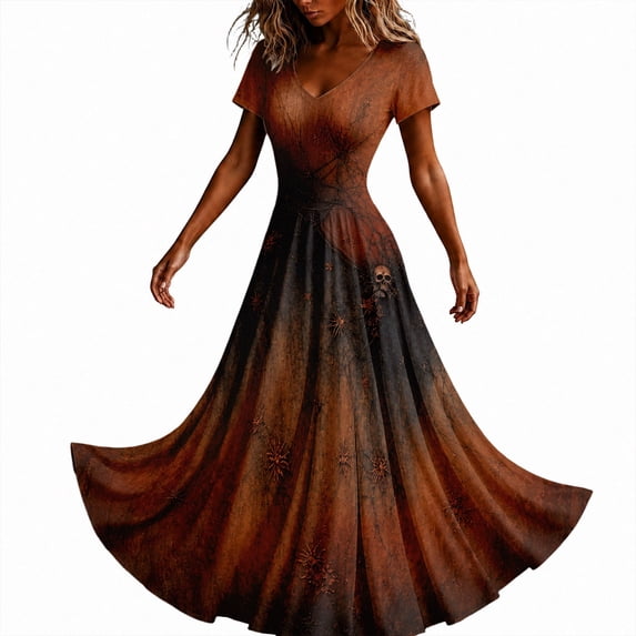 Women Dark Gothic Print Maxi Dress, Short Sleeve V‑Neck Flowy Long Hem Dress, Ideal for Halloween Party Themed Night Activities