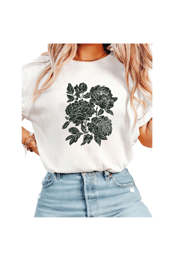 Women Dark Green Peony Floral Line Art Graphic Tees T Shirt Tops Round Neck Cotton T Shirt White S-5XL