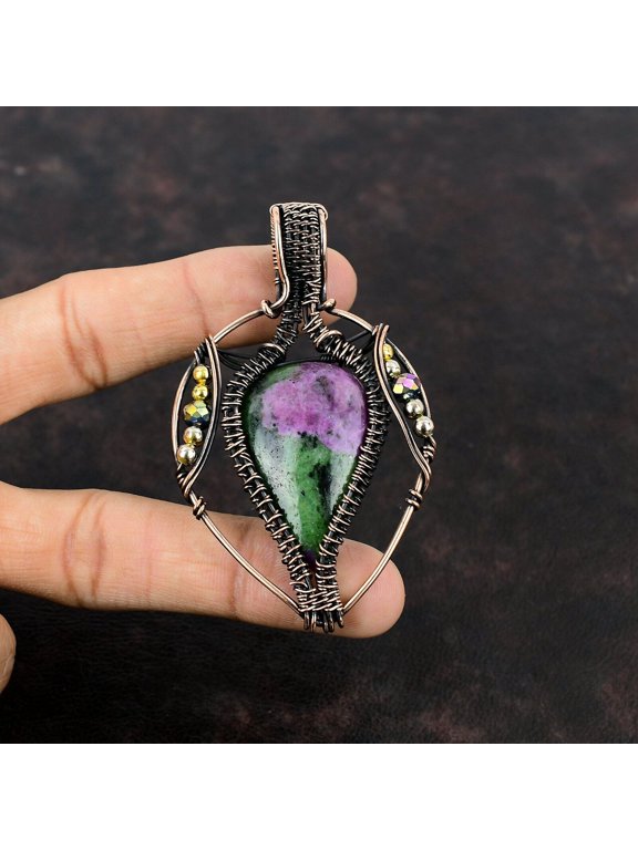 Women Day Gift Ruby Zoisite Wire Wrapped Pendant Copper Jewelry For Girls 3.15"