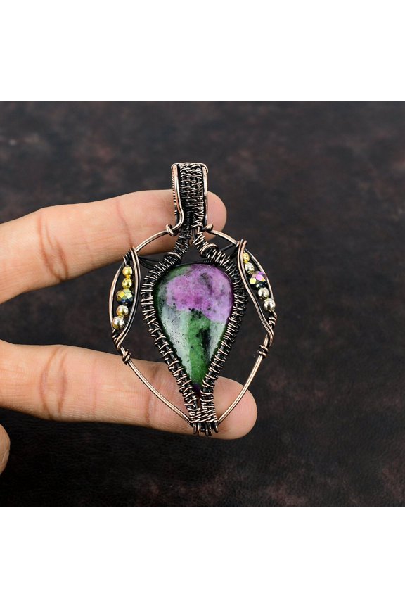 Women Day Gift Ruby Zoisite Wire Wrapped Pendant Copper Jewelry For Girls 3.15"