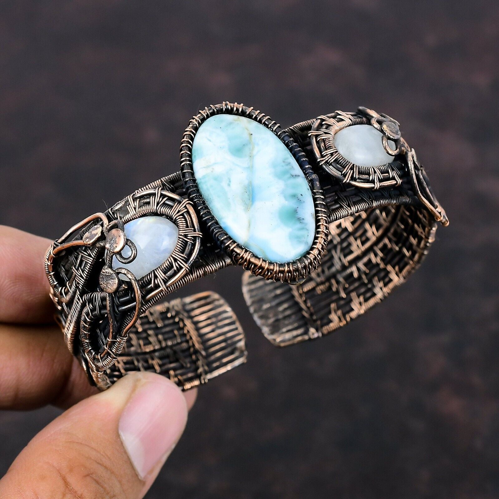KALKA JEWELS Women Day Sale Larimar Jewelry Copper Mom Gift Wire Wrapped Adjustable Bangle