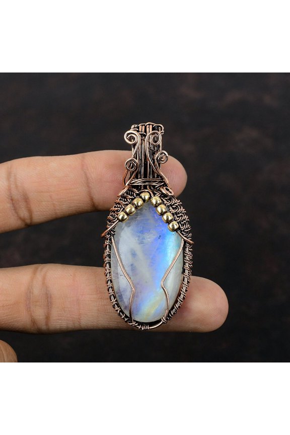 Women Day Sale Rainbow Moonstone Copper Gift For Mom Wire Wrapped Pendant 2.48"