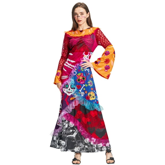 Women Day of the Dead Costume, Long Sleeves Sugar Skull Fancy Dress Outfits for Halloween Carnival Party XL