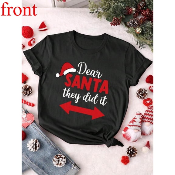 Women Dear Santa Graphic Cotton T Shirt Casual Comfortable Short Sleeve Round Neck Top Black S-5XL