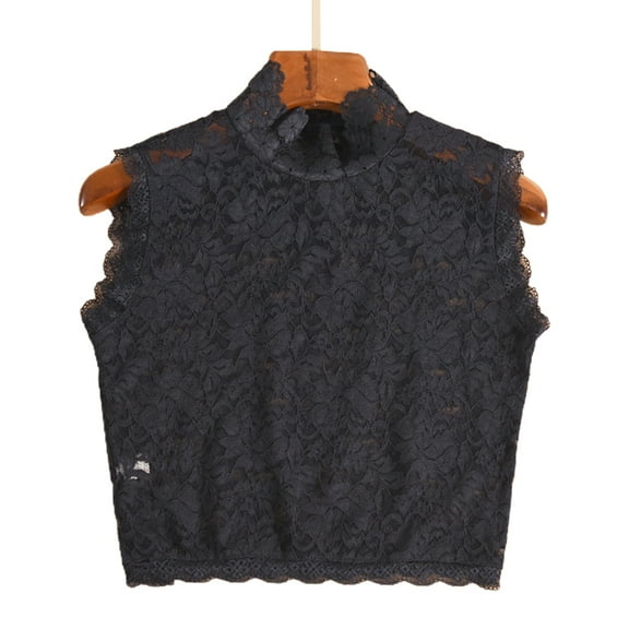 Women Decorative Floral Lace Faux Collar Stand Collar Scalloped Trim Sleeveless Vest Mock Neck Dickey Pullover Half Shirt Sweater Crop Top