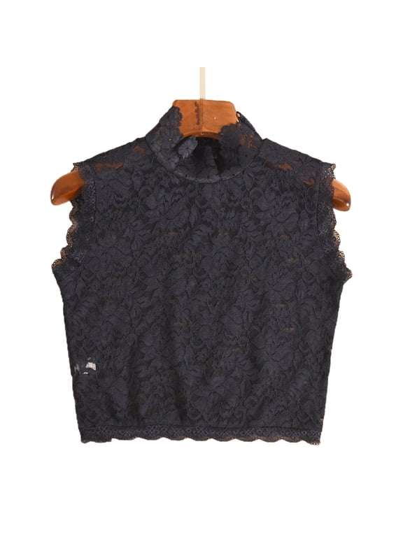 Women Decorative Floral Lace Faux Collar Stand Collar Scalloped Trim Sleeveless Vest Mock Neck Dickey Pullover Half Shirt Sweater Crop Top