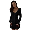 thumbnail image 1 of Women Deep V Neck Button Front Knit Mini Dress Elegant Long Sleeve Ribbed Flowy Hem A-Line Short Dresses, 1 of 9