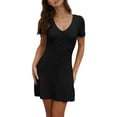 thumbnail image 1 of Women Deep V Neck Button Front Knit Mini Dress Elegant Short Sleeve Ribbed Flowy Hem A-Line Short Dress Black L, 1 of 9