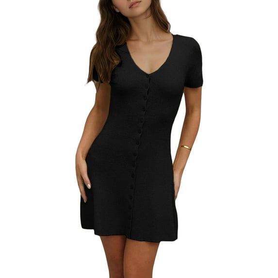 Women Deep V Neck Button Front Knit Mini Dress Elegant Short Sleeve Ribbed Flowy Hem A-Line Short Dress Black L