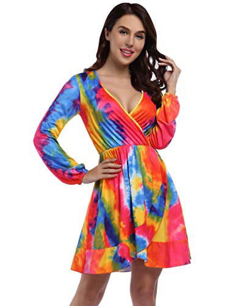 Women Deep V Neck Empire Waist Skater Dress Long Sleeve Print Ruffle Hem  Summer Dresses - Walmart.com