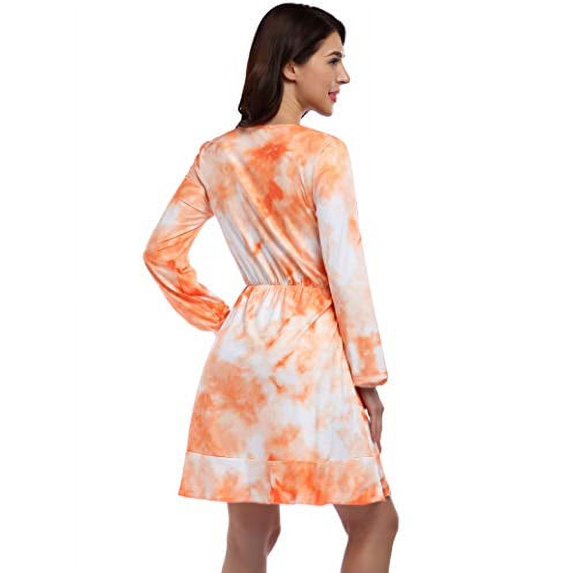 Women Deep V Neck Empire Waist Skater Dress Long Sleeve Print Ruffle Hem Summer Dresses