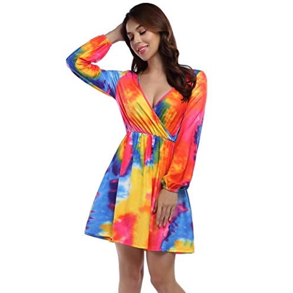 Women Deep V Neck Empire Waist Skater Dress Long Sleeve Tie Dye Printed Casual Swing Dresses